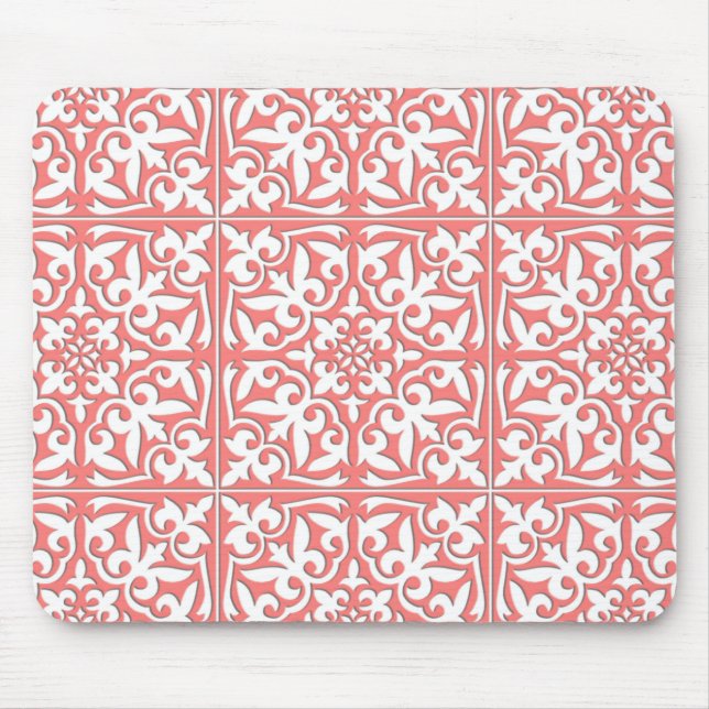 Moroccan tile - coral pink and white mouse mat (Front)