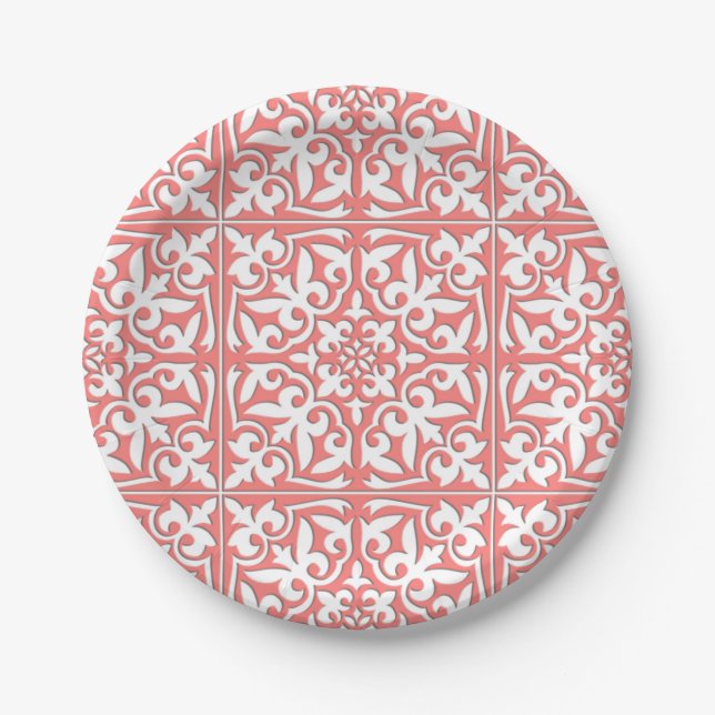 Moroccan tile - coral pink and white paper plate (Front)