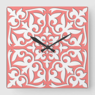 Moroccan tile - coral pink and white square wall clock