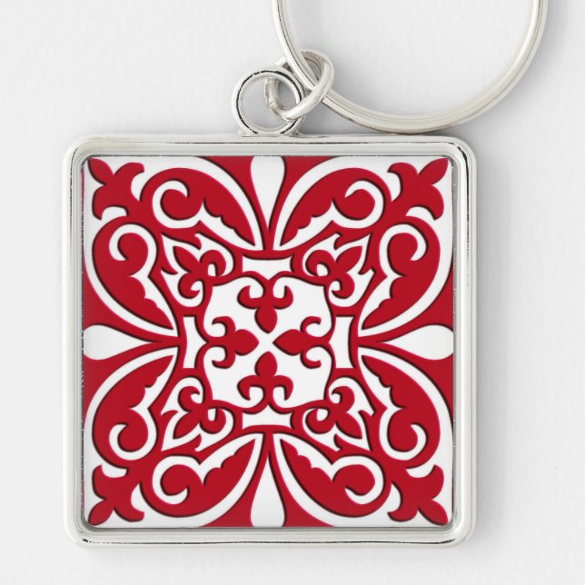 Moroccan tile - dark red and white key ring (Front)