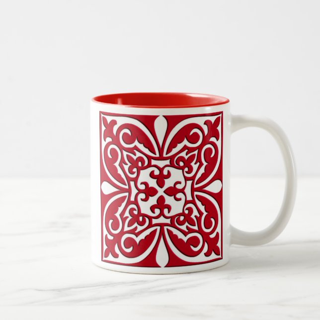 Moroccan tile - dark red and white Two-Tone coffee mug (Right)
