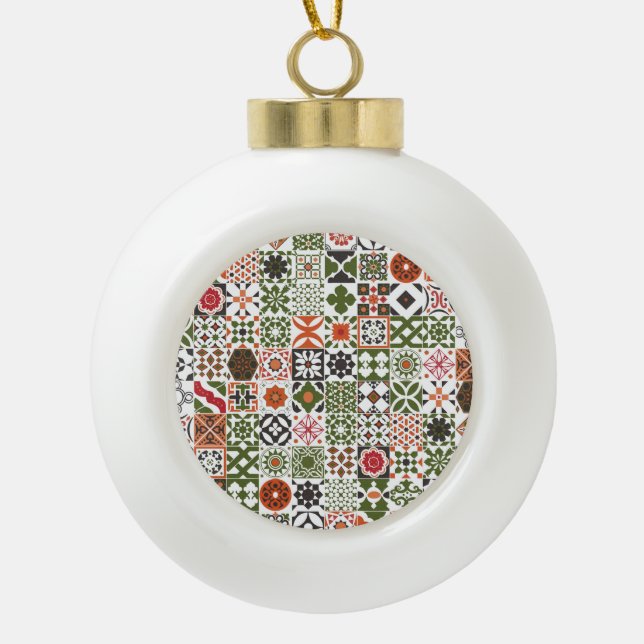 Moroccan tile - green,black,red ceramic ball christmas ornament (Front)