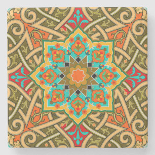 Moroccan Tile Green Gold Blue Stone Coaster