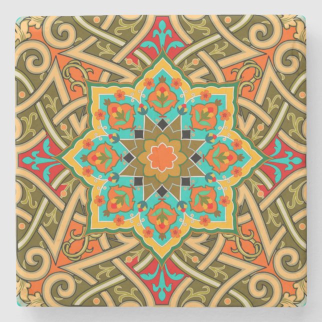 Moroccan Tile Green Gold Blue Stone Coaster (Front)