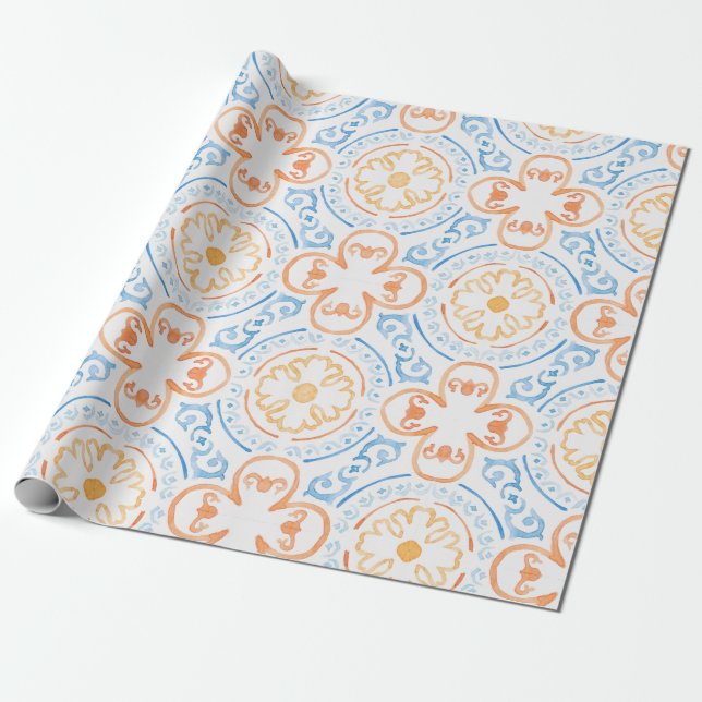 Moroccan tile in blue and orange wrapping papper paper (Unrolled)