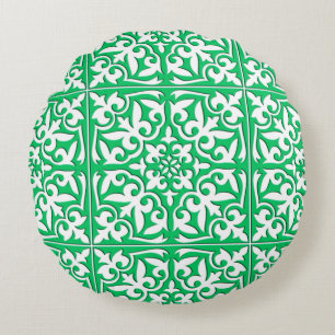 Moroccan tile - jade green and white round cushion
