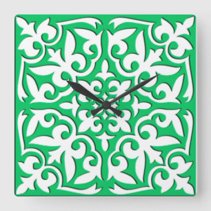 Moroccan tile - jade green and white square wall clock
