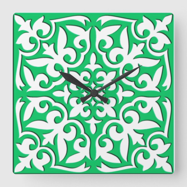 Moroccan tile - jade green and white square wall clock (Front)