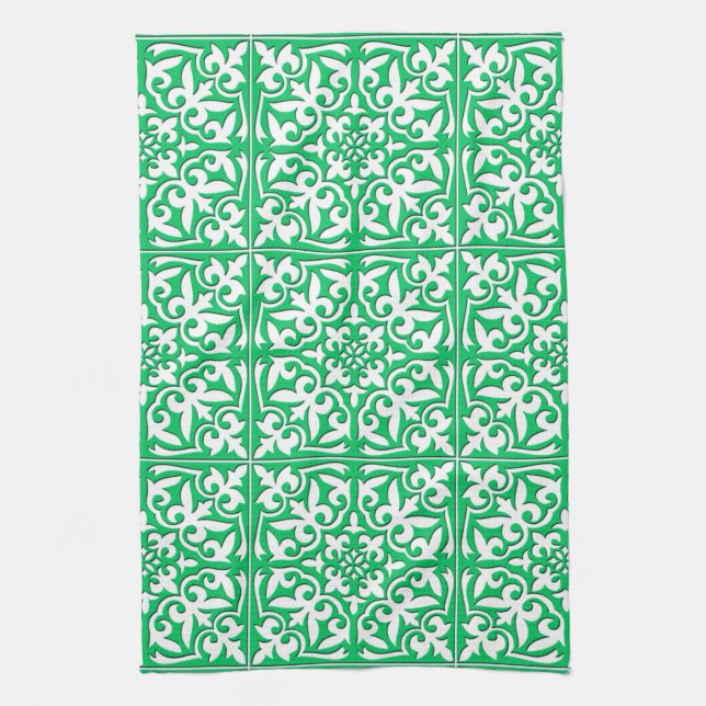 Moroccan tile - jade green and white tea towel (Vertical)