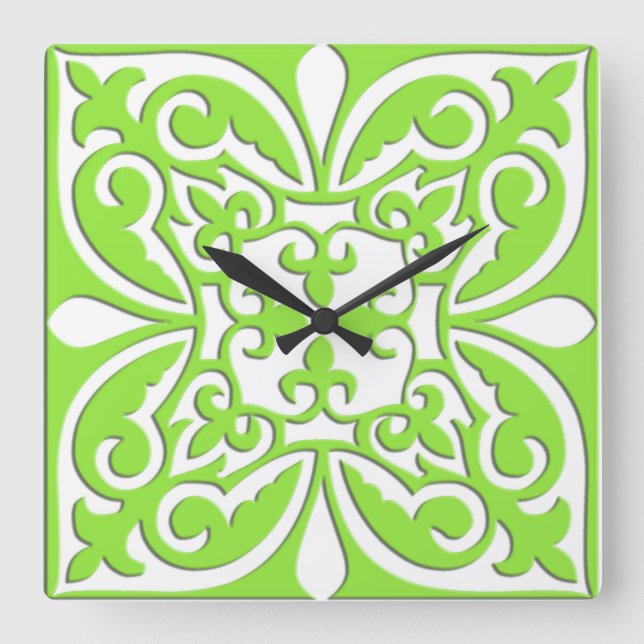 Moroccan tile - lime green and white square wall clock (Front)