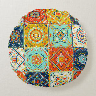 Moroccan tile mosaic illustration pattern round cushion