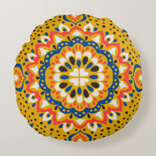 Moroccan tile mosaic illustration pattern round cushion