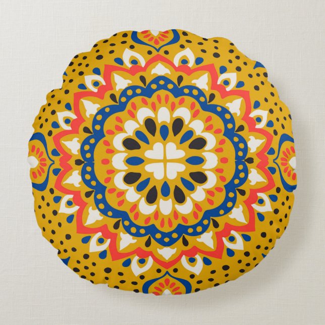 Moroccan tile mosaic illustration pattern round cushion (Front)
