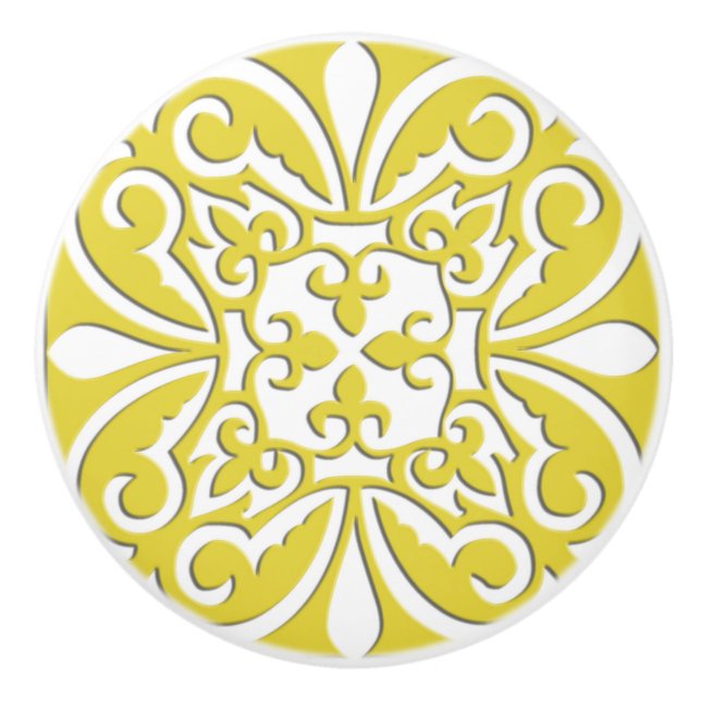 Moroccan tile - mustard yellow and white ceramic knob (Front)