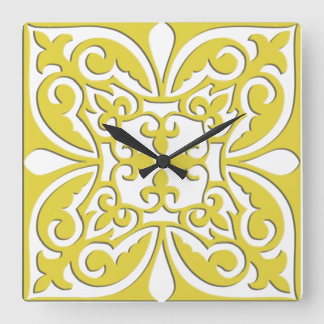 Moroccan tile - mustard yellow and white square wall clock (Front)