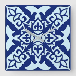 Moroccan tile - navy and light blue square wall clock