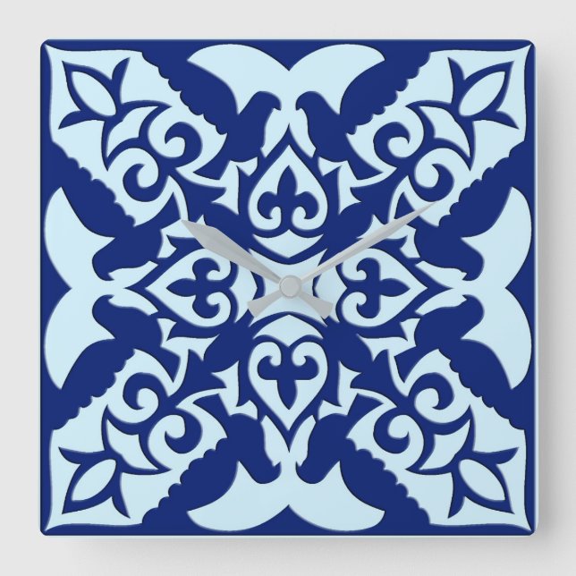 Moroccan tile - navy and light blue square wall clock (Front)