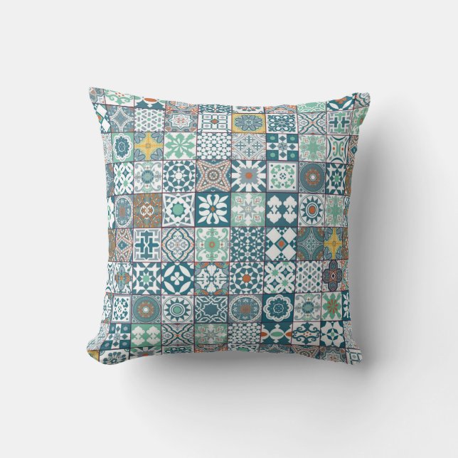 Moroccan tile-orange and light turquoise cushion (Front)