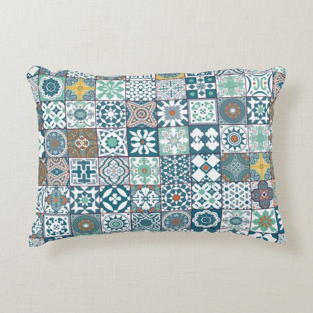 Moroccan tile-orange and light turquoise decorative cushion (Front)