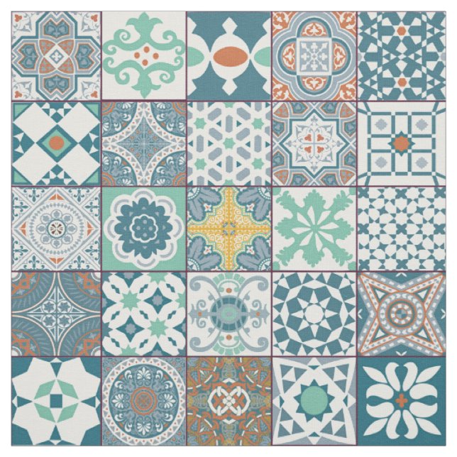 Moroccan tile-orange and light turquoise fabric (Swatch)