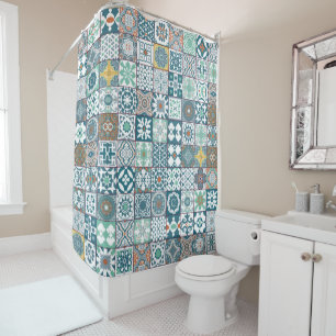 Moroccan tile-orange and light turquoise shower curtain