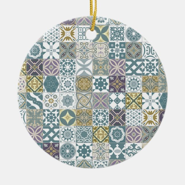 Moroccan tile - pastel blue and gold ceramic tree decoration (Front)