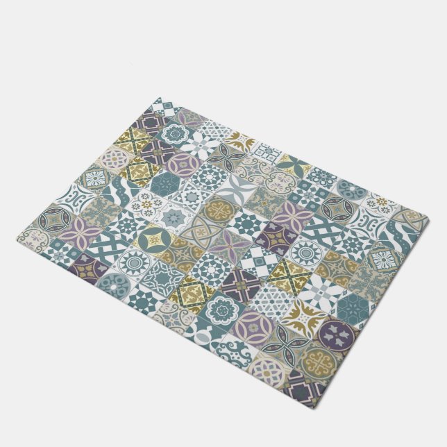 Moroccan tile - pastel blue and gold doormat (Angled)
