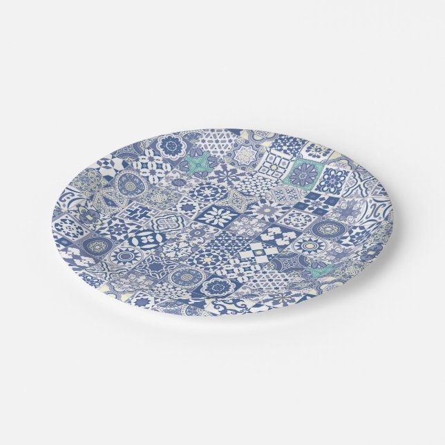 Moroccan tile pastel blue paper plate (Angled)