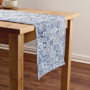 Moroccan tile pastel blue short table runner