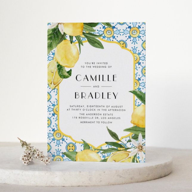 Moroccan Tile Pattern and Lemons QR Code Wedding Invitation (Watercolor Moroccan Tile and Lemon Design Mediterranean QR Code Wedding Invitation)