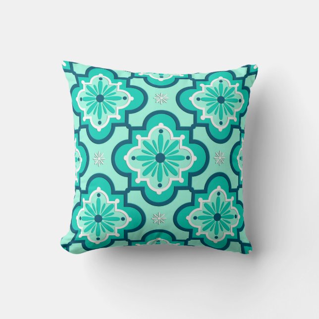 Moroccan Tile Pattern, Aqua and Turquoise Cushion (Front)