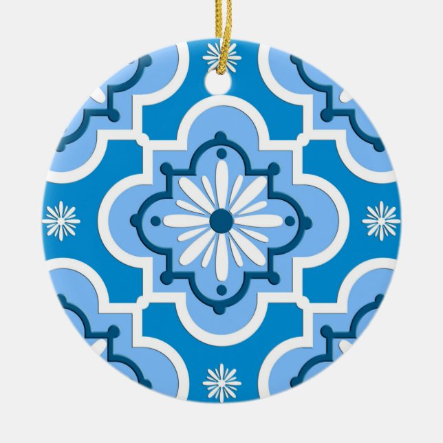 Moroccan tile pattern - Blue and White Ceramic Tree Decoration (Front)