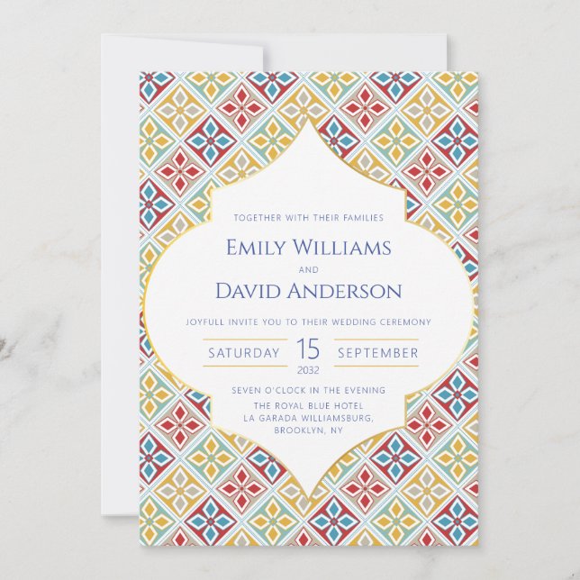 Moroccan Tile Pattern Colourful Wedding Invitation (Front)