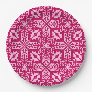 Moroccan Tile Pattern, Fuchsia and Pastel Pink Paper Plate