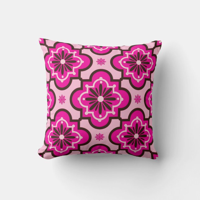 Moroccan Tile Pattern, Fuchsia Pink and Black Cushion (Front)