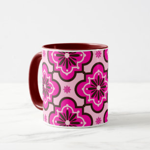 Moroccan Tile Pattern, Fuchsia Pink and Black Mug