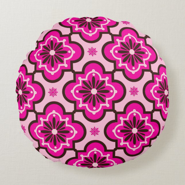 Moroccan Tile Pattern, Fuchsia Pink and Black Round Cushion (Front)