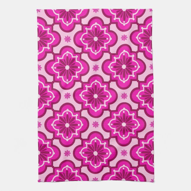 Moroccan tile pattern - Fuchsia Pink Tea Towel (Vertical)