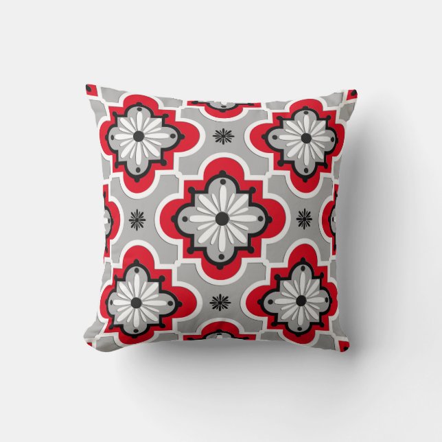 Moroccan tile pattern - Grey and Red Cushion (Front)