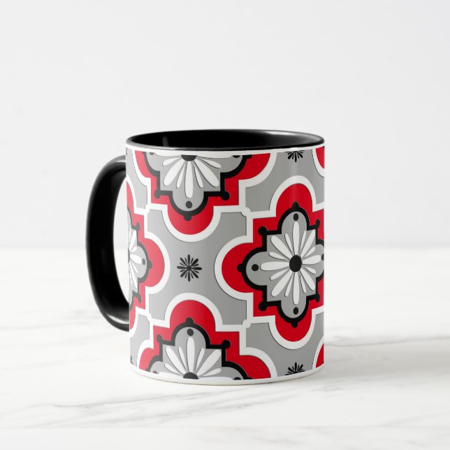 Moroccan tile pattern - Grey and Red Mug (Front Left)
