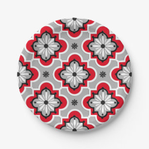 Moroccan tile pattern - Grey and Red Paper Plate