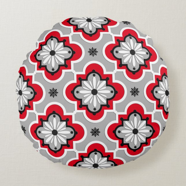 Moroccan tile pattern - Grey and Red Round Cushion (Front)
