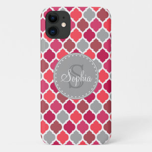 Moroccan Tile Pattern Monogram Stylish Pink Grey iPhone 11 Case