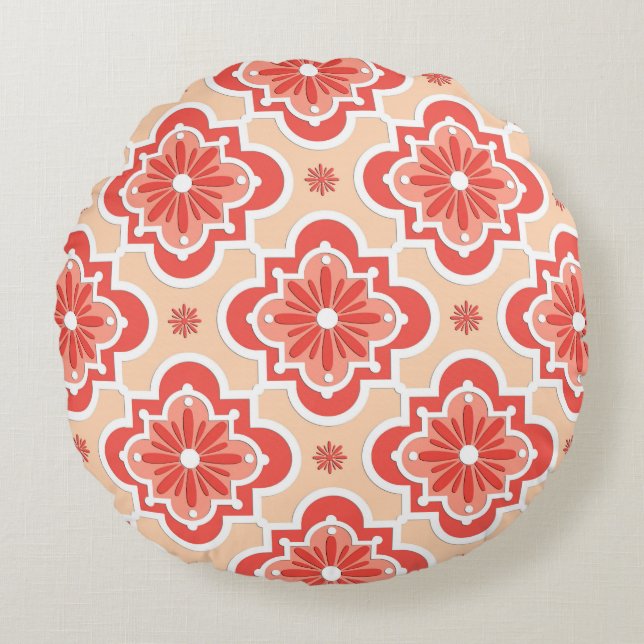 Moroccan tile pattern - Shades of Coral Orange Round Cushion (Front)