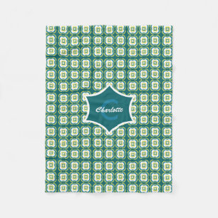 Moroccan Tile  Pattern Teal Mix Pattern Monogram Fleece Blanket
