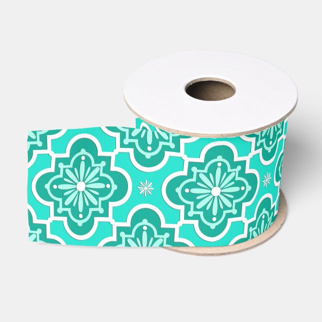Moroccan tile pattern - Turquoise and Aqua Grosgrain Ribbon (Spool)