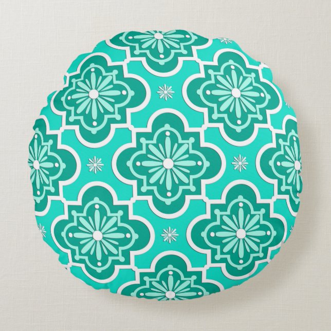 Moroccan tile pattern - Turquoise and Aqua Round Cushion (Front)