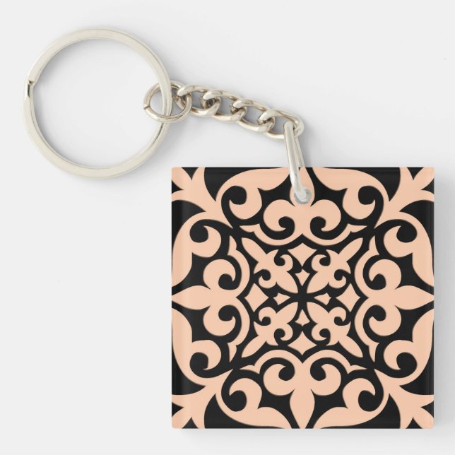 Moroccan tile - peach pink and black key ring (Front)