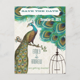 Moroccan Tile Peacock Birdcage Save the Date Announcement Postcard