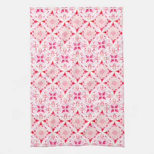 Moroccan tile pink and red pattern watercolor tea towel